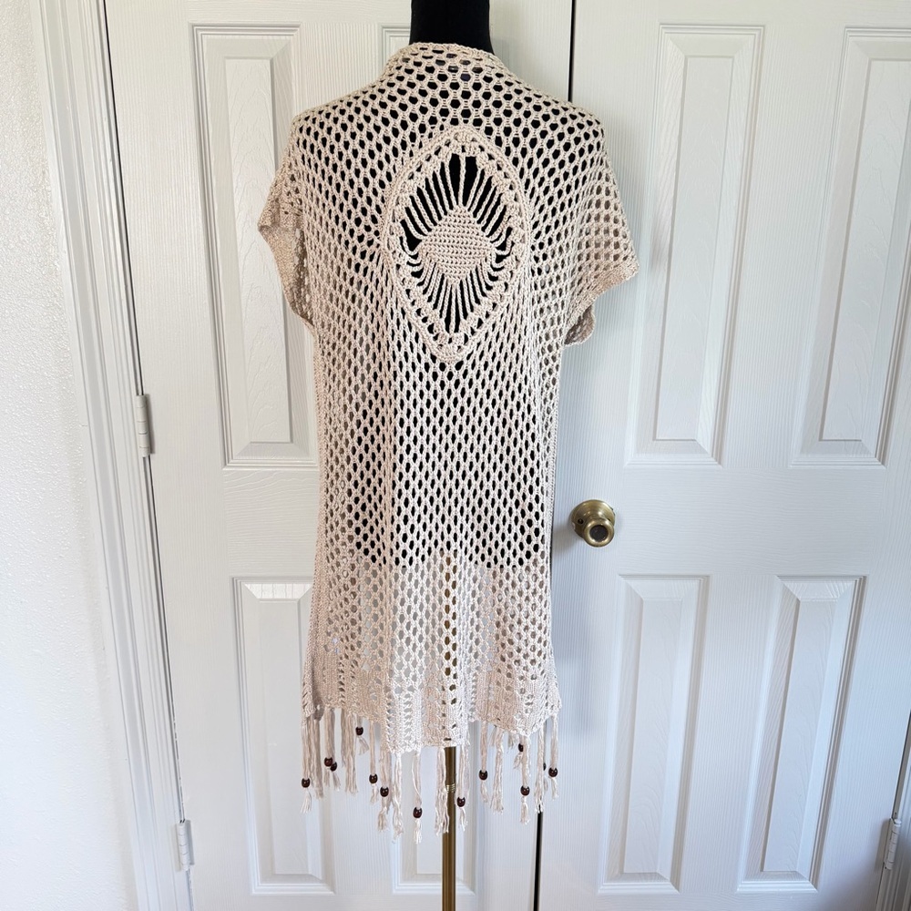 Artesia Cream Crochet Fringe small boho knit beach coverup cardigan festival - Picture 2 of 9